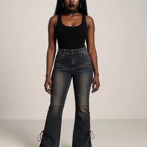 Fashion Nova Tongue Tied Tinted Flare Jeans Dark Wash Lace-up 15 Long Gothic